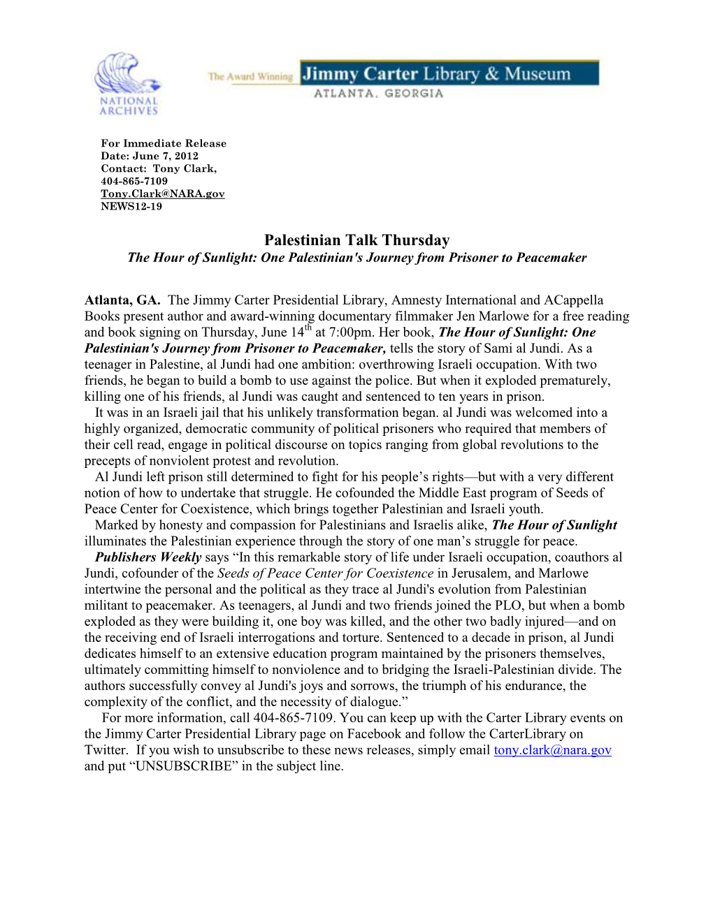 Palestinian Talk Thursday the Hour of Sunlight: One Palestinian's Journey from Prisoner to Peacemaker