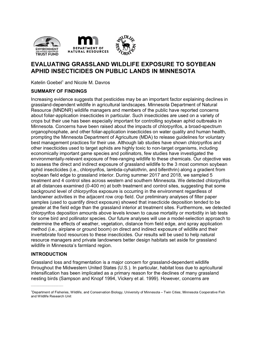 Evaluating Grassland Wildlife Exposure to Soybean Aphid Insecticides on Public Lands in Minnesota