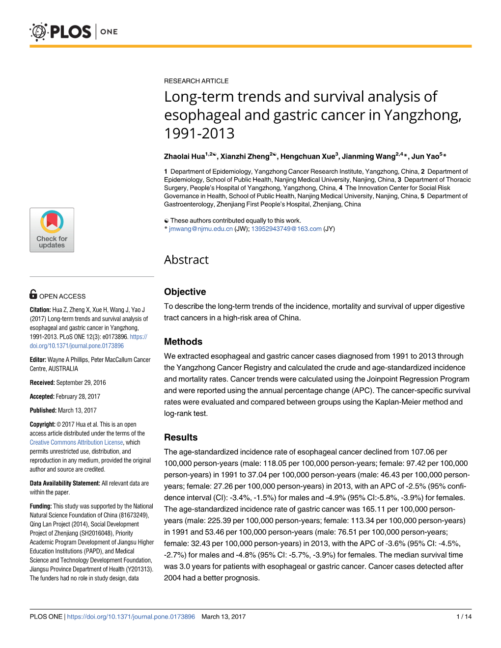 Long-Term Trends and Survival Analysis of Esophageal and Gastric Cancer in Yangzhong, 1991-2013