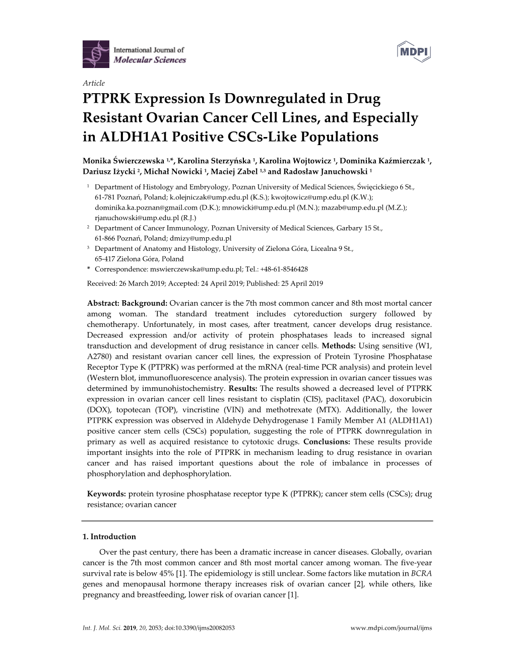 PTPRK Expression Is Downregulated in Drug Resistant Ovarian Cancer Cell Lines, and Especially in ALDH1A1 Positive Cscs-Like Popu