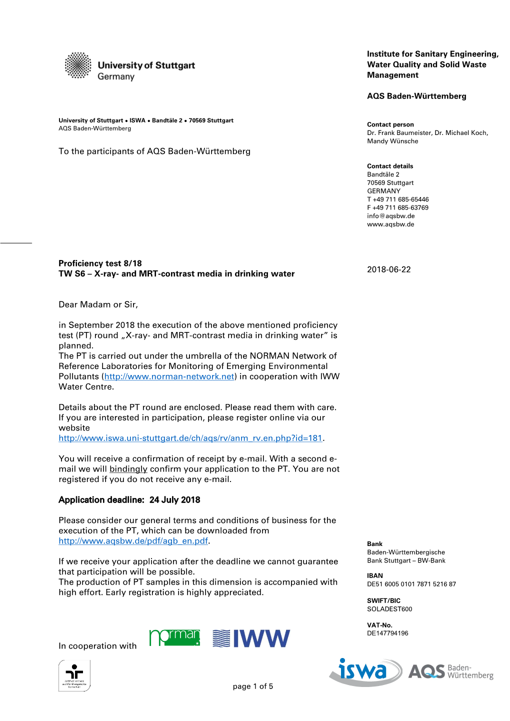 In Cooperation with Proficiency Test 8/18 TW S6 – X-Ray- and MRT-Contrast Media in Drinking Water Dear Madam Or Sir, In