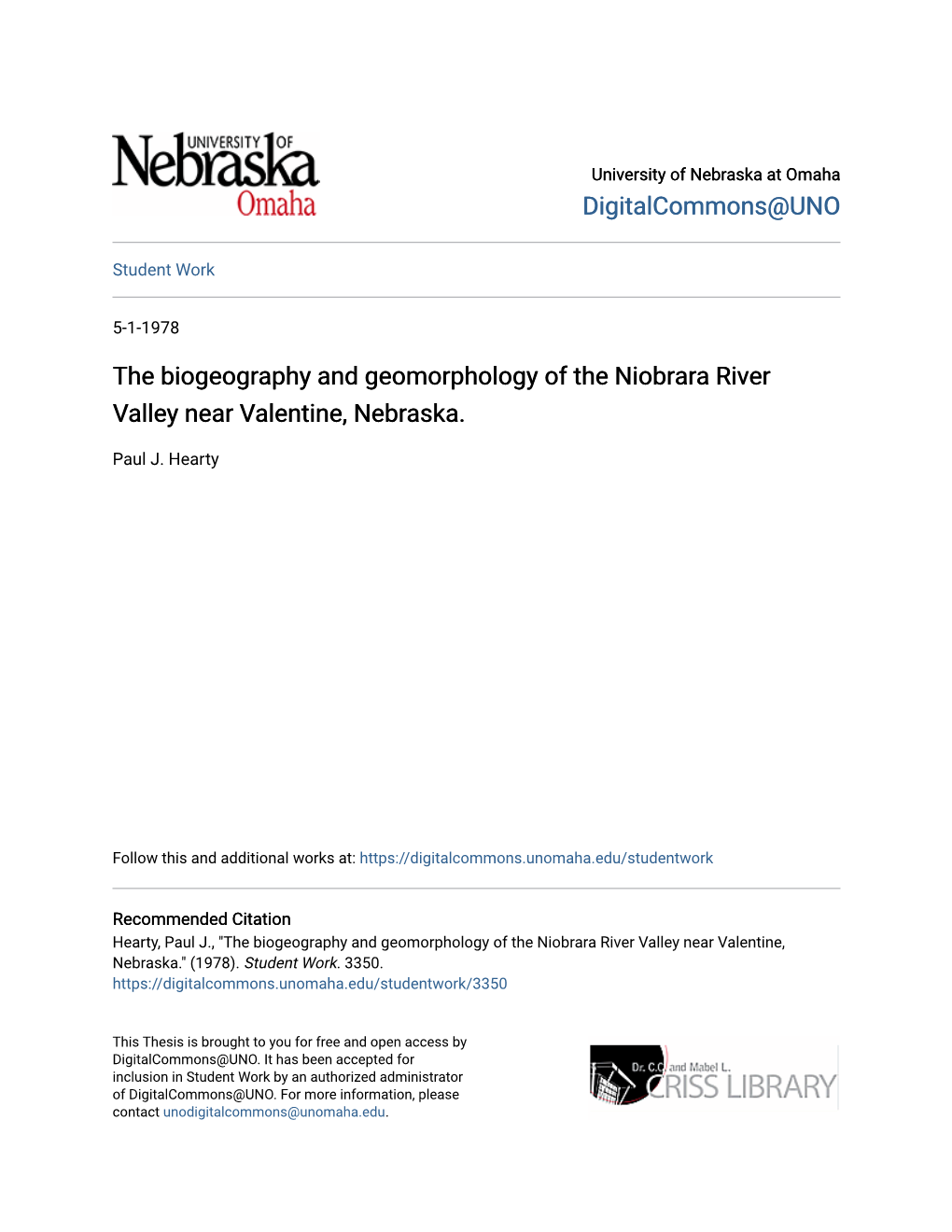The Biogeography and Geomorphology of the Niobrara River Valley Near Valentine, Nebraska