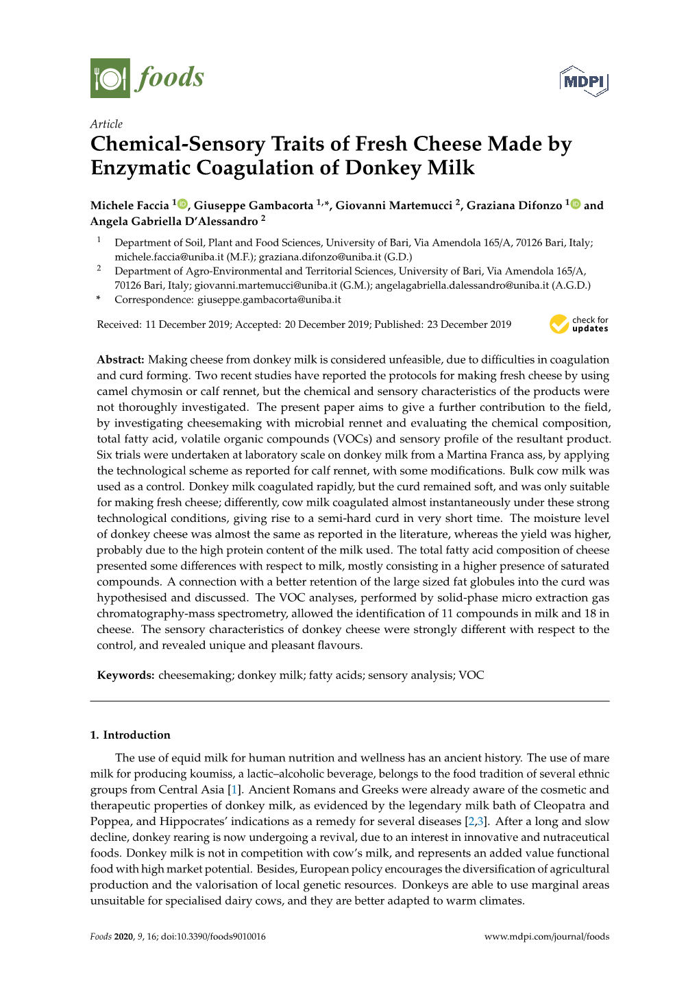 Chemical-Sensory Traits of Fresh Cheese Made by Enzymatic Coagulation of Donkey Milk