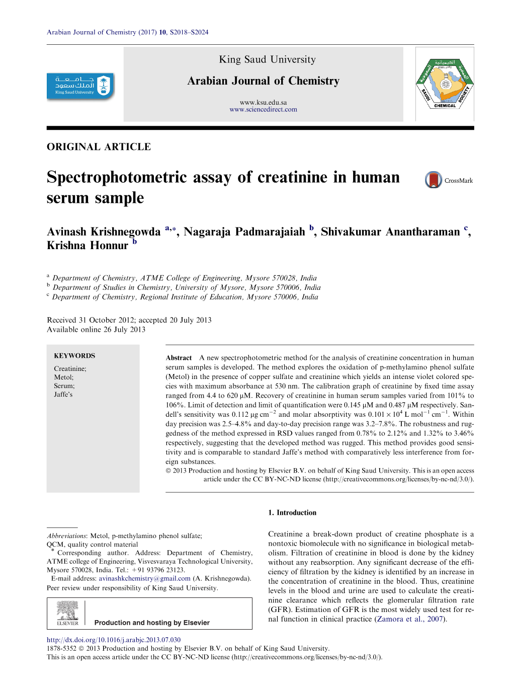 Spectrophotometric Assay of Creatinine in Human Serum Sample