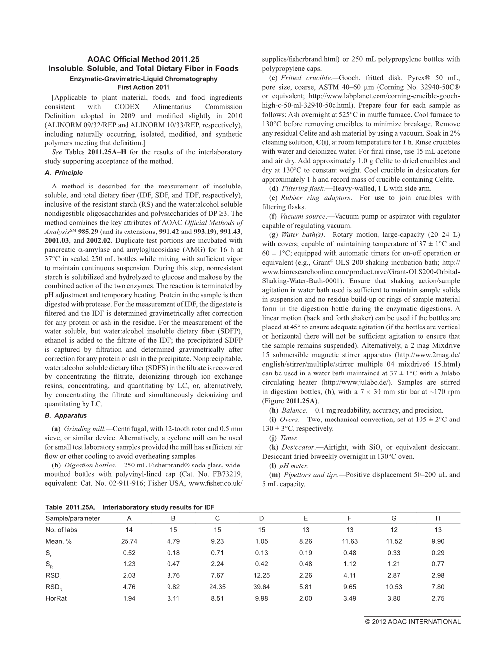 AOAC Official Method 2011.25 Insoluble, Soluble, and Total Dietary Fiber in Foods