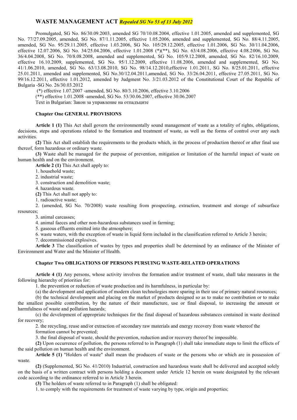 WASTE MANAGEMENT ACT Repealed SG No 53 of 13 July 2012