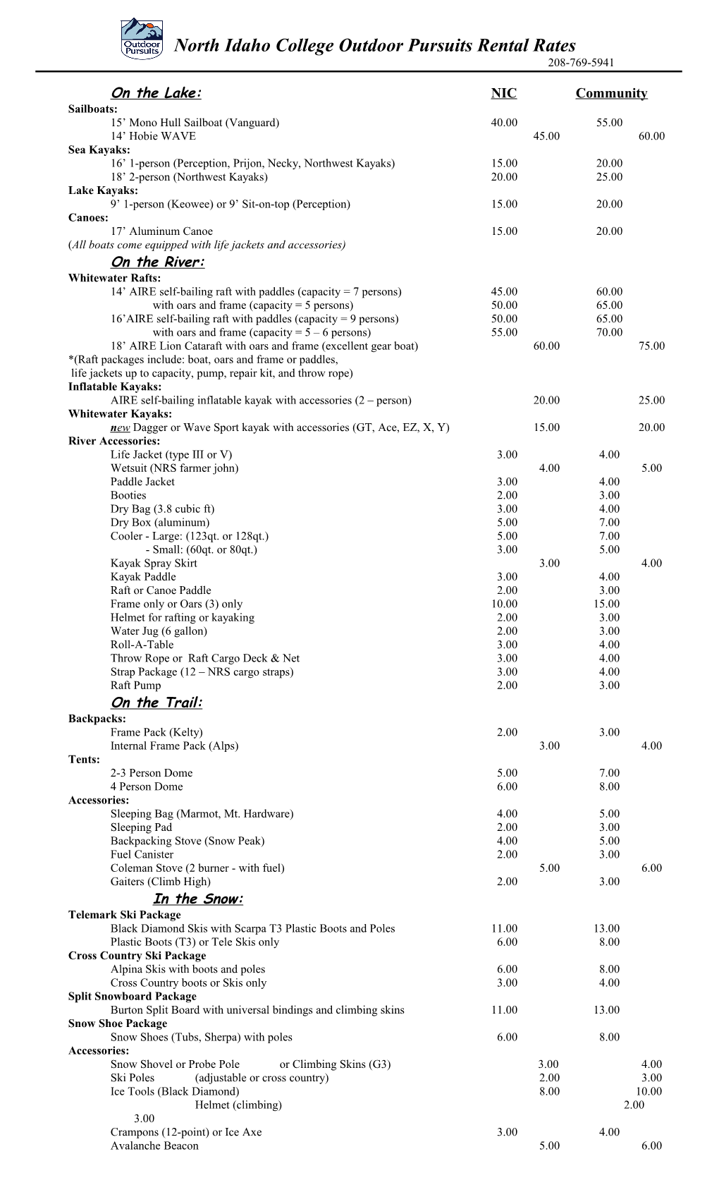 North Idaho College Outdoor Pursuits Rental Rates