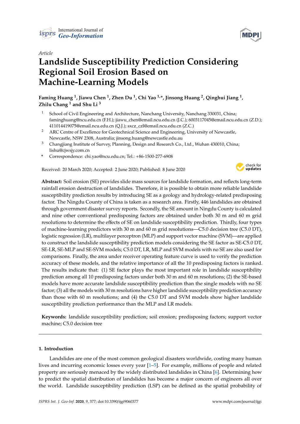 Landslide Susceptibility Prediction Considering Regional Soil Erosion Based on Machine-Learning Models