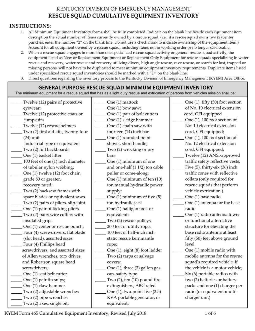 Rescue Squad Cumulative Equipment Inventory General Purpose Rescue Squad Minimum Equipment Inventory