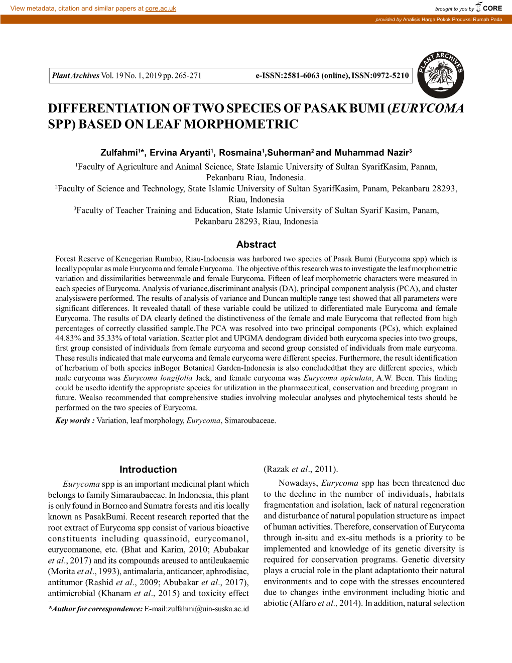 Differentiation of Two Species of Pasak Bumi (Eurycoma Spp) Based on Leaf Morphometric