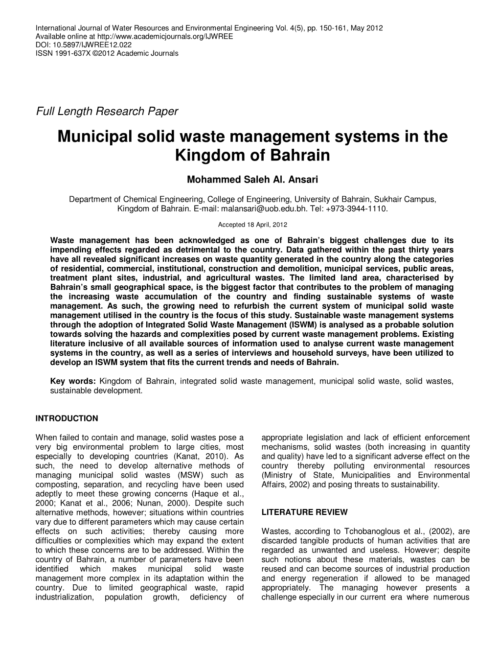Municipal Solid Waste Management Systems in the Kingdom of Bahrain