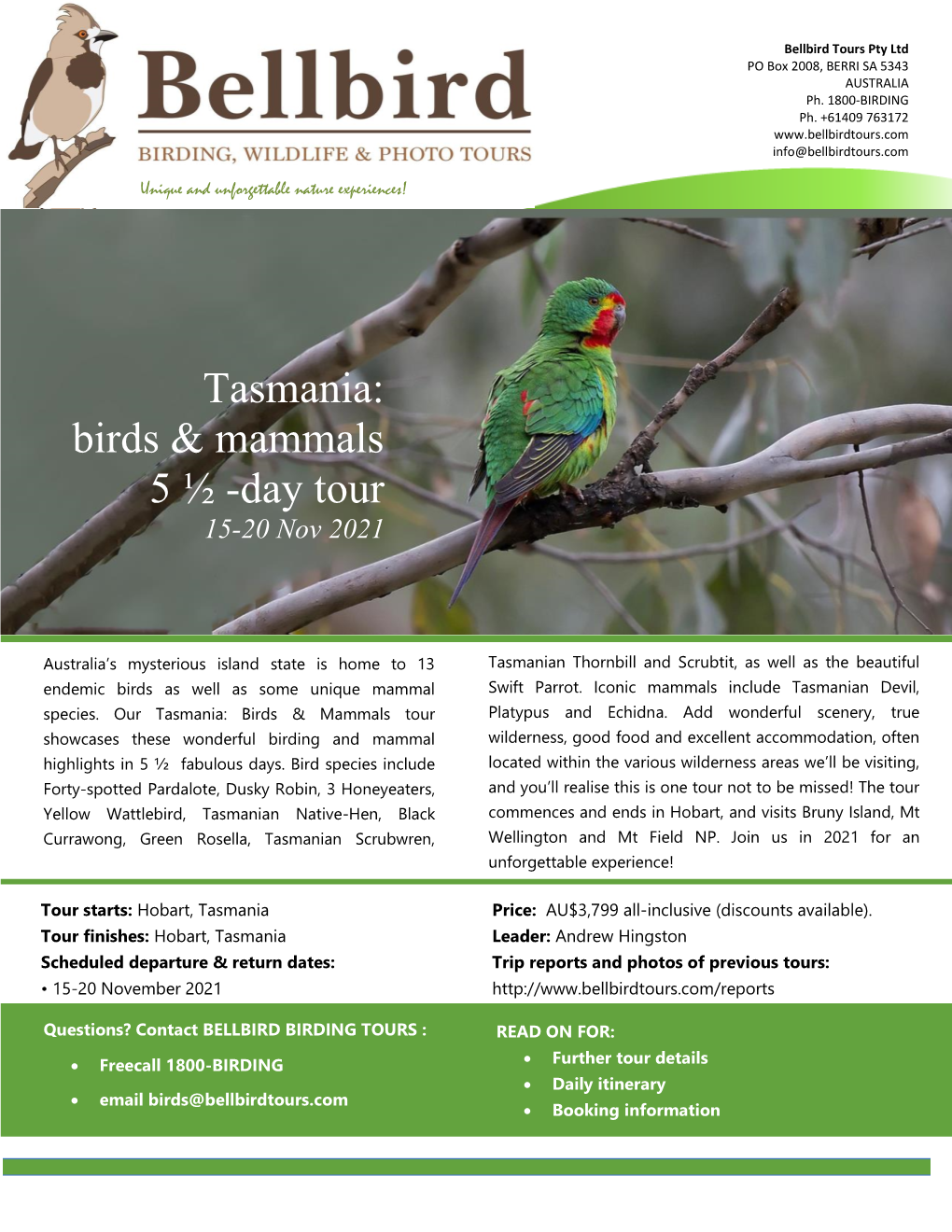 Tasmania: Birds & Mammals 5 ½ -Day Tour