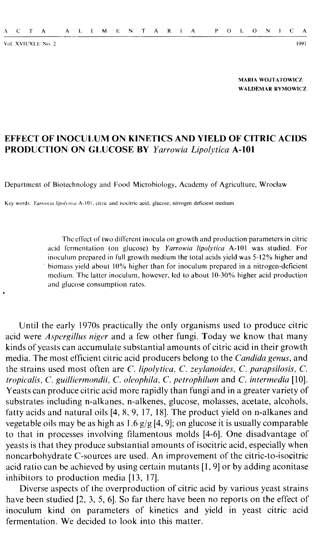 EFFECT of INOCULUM on KINETICS and YIELD of CITRIC ACIDS PRODUCTION on GLUCOSE by Yarrowia Lipolytica A-101