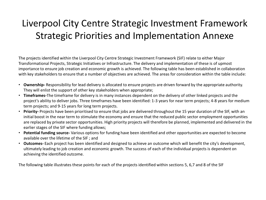 Liverpool City Centre Strategic Investment Framework Strategic Priorities and Implementation Annexe