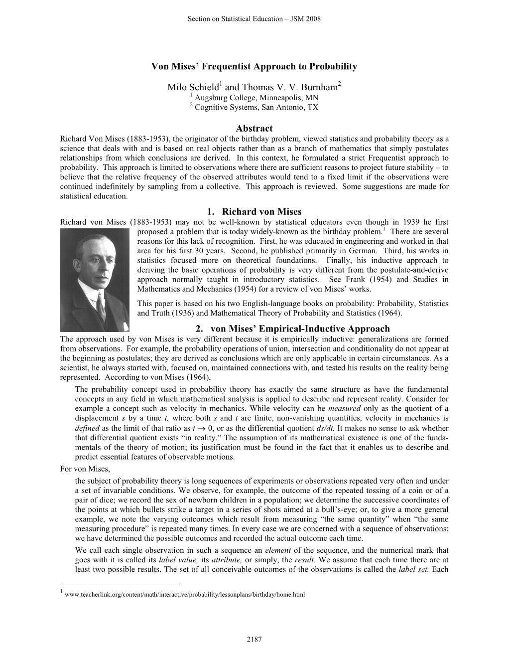 Von Mises' Frequentist Approach to Probability