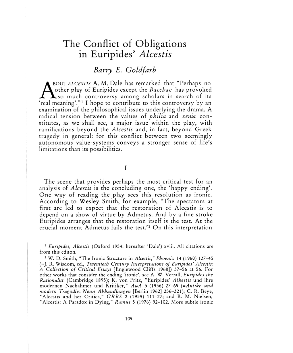 The Conflict of Obligations in Euripides' Alcestis