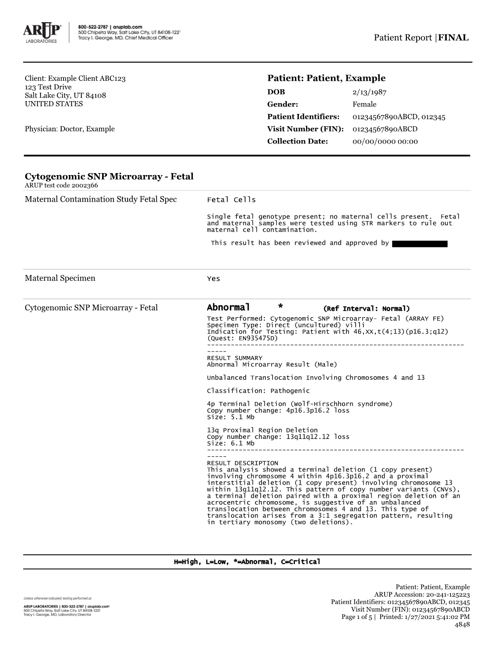 Cytogenomic SNP Microarray - Fetal ARUP Test Code 2002366 Maternal Contamination Study Fetal Spec Fetal Cells