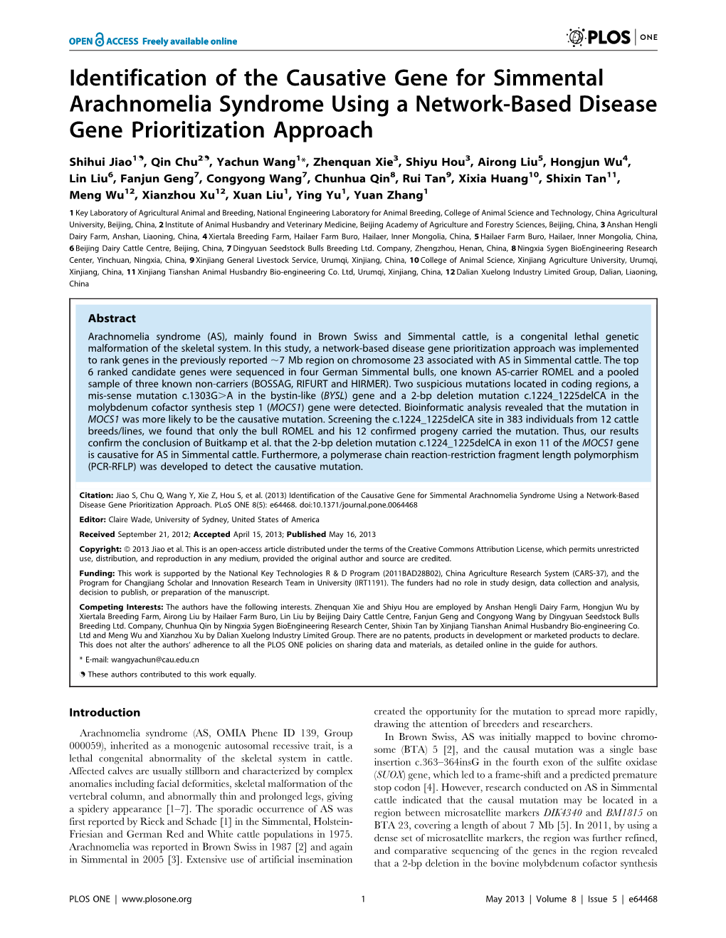 Identification of the Causative Gene for Simmental Arachnomelia Syndrome Using a Network-Based Disease Gene Prioritization Approach