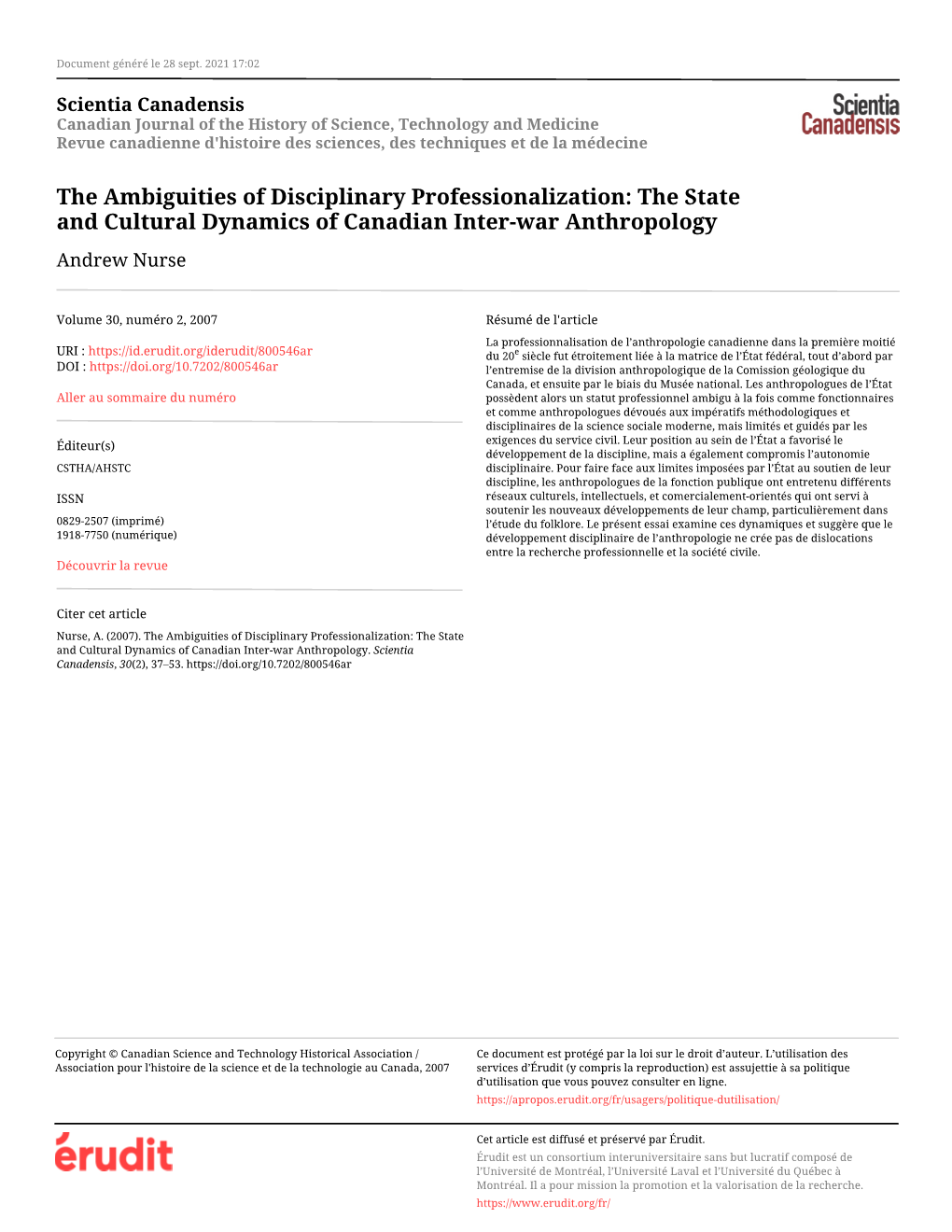 The State and Cultural Dynamics of Canadian Inter-War Anthropology Andrew Nurse