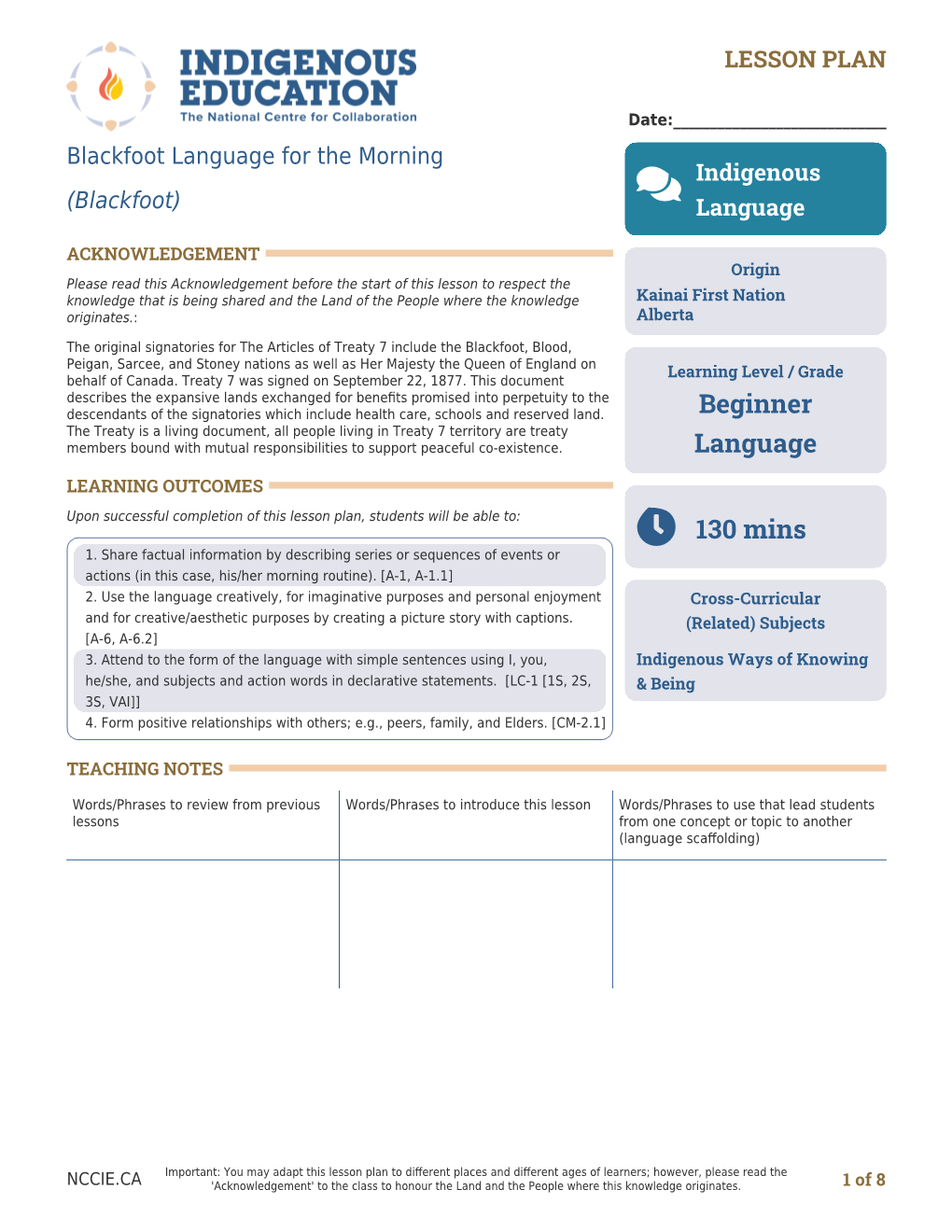 Blackfoot Language for the Morning  Indigenous (Blackfoot) Language