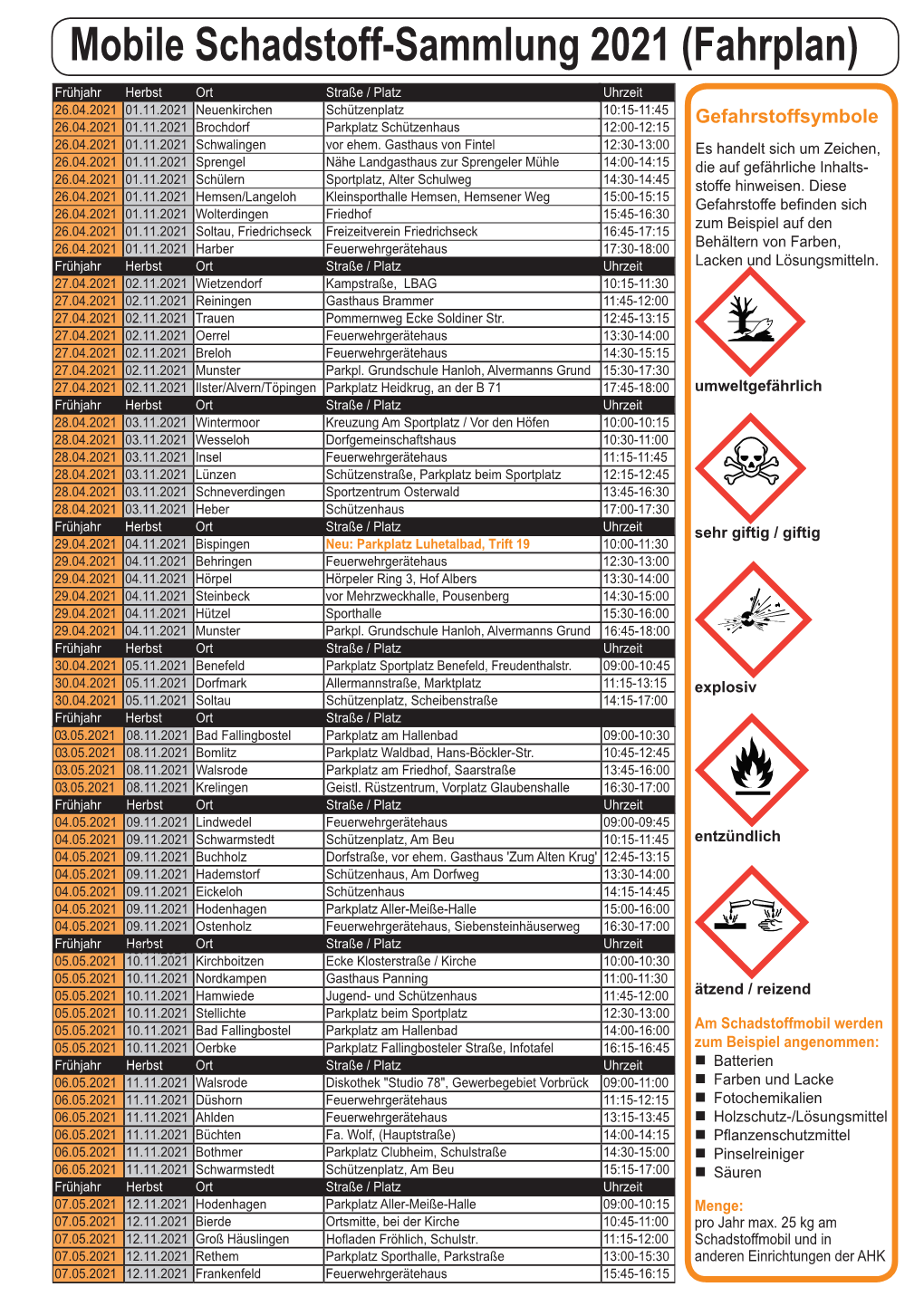 Mobile Schadstoff-Sammlung 2021 (Fahrplan)