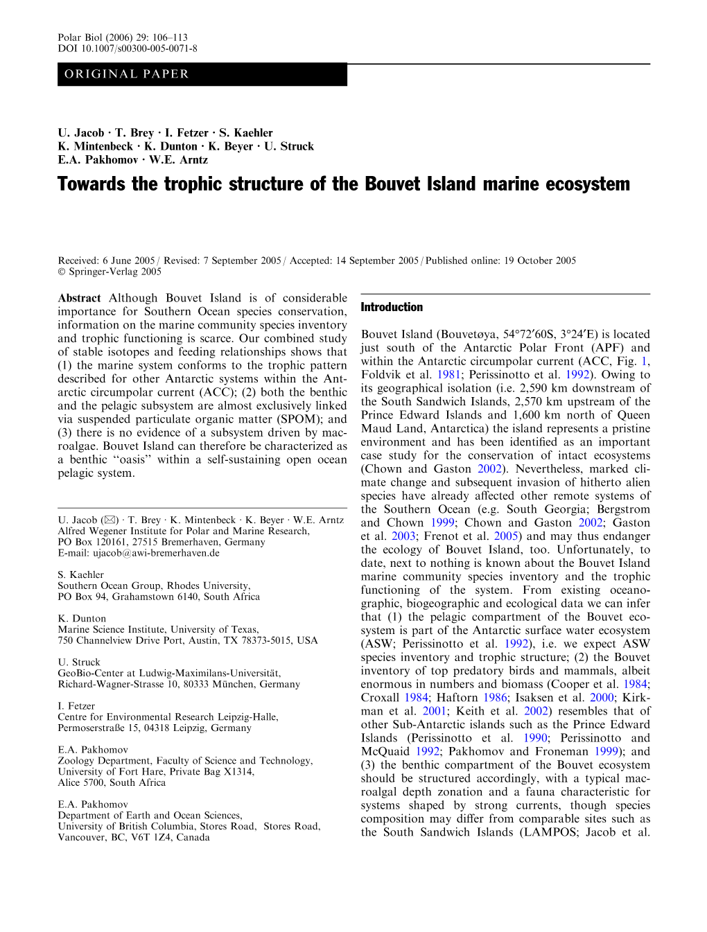 Towards the Trophic Structure of the Bouvet Island Marine Ecosystem