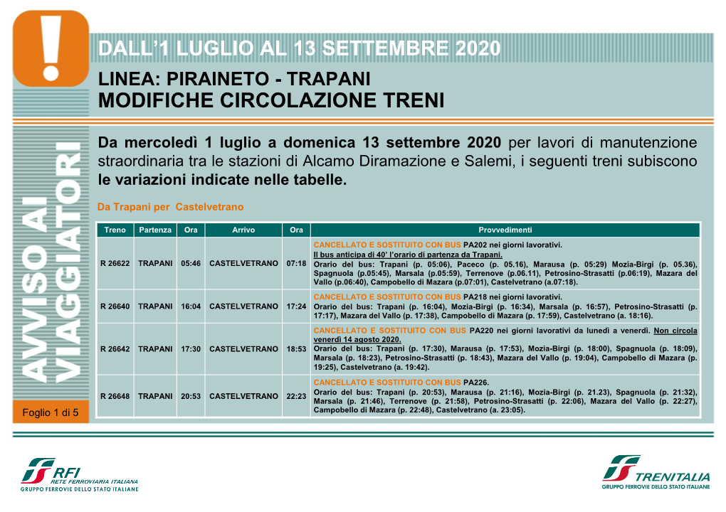 Dall'1 Luglio Al 13 Settembre 2020 Modifiche Circolazione