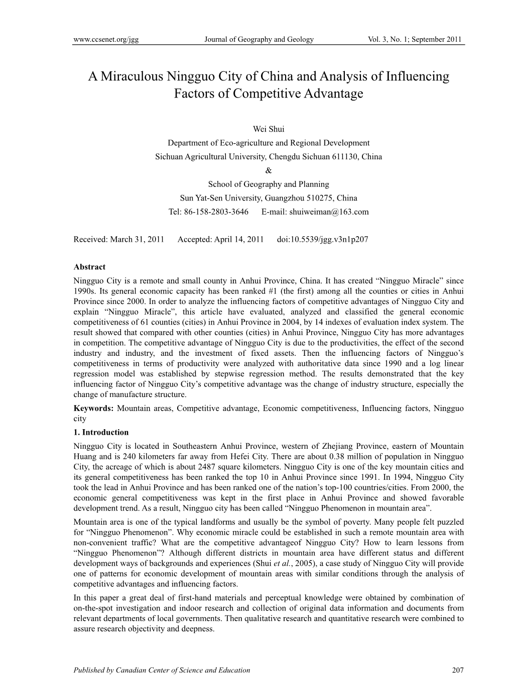 A Miraculous Ningguo City of China and Analysis of Influencing Factors of Competitive Advantage