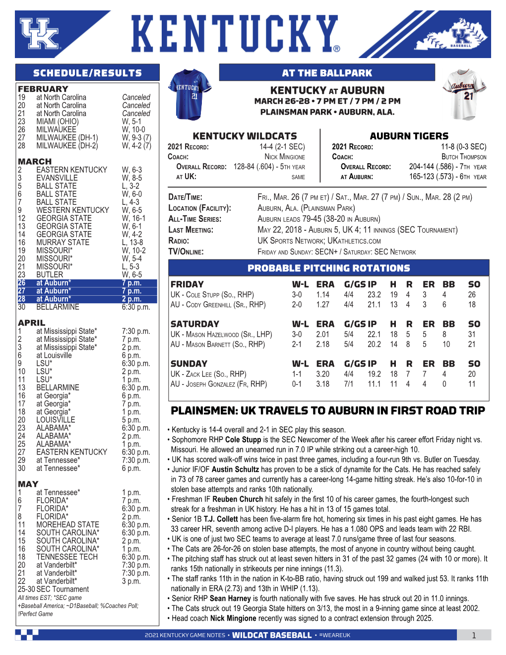 PLAINSMEN: UK TRAVELS to AUBURN in FIRST ROAD TRIP 20 LOUISVILLE 5 P.M