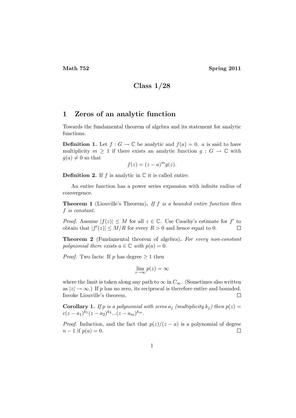 Class 1/28 1 Zeros of an Analytic Function