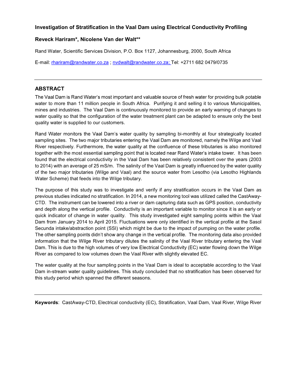 Investigation of Stratification in the Vaal Dam Using Electrical Conductivity Profiling