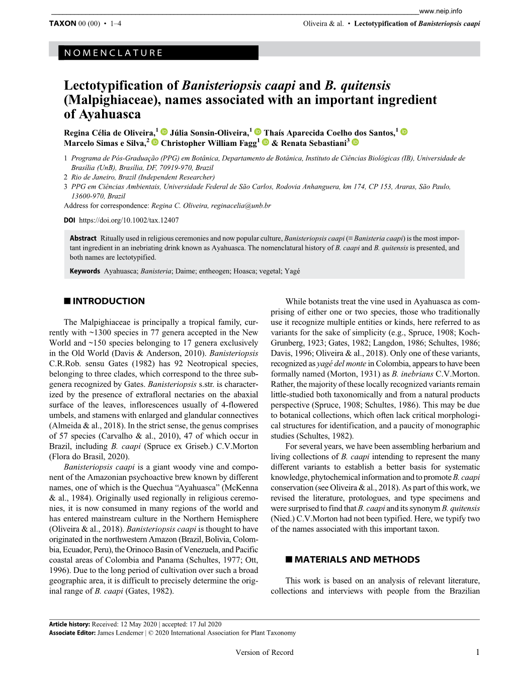 Lectotypification of Banisteriopsis Caapi and B. Quitensis