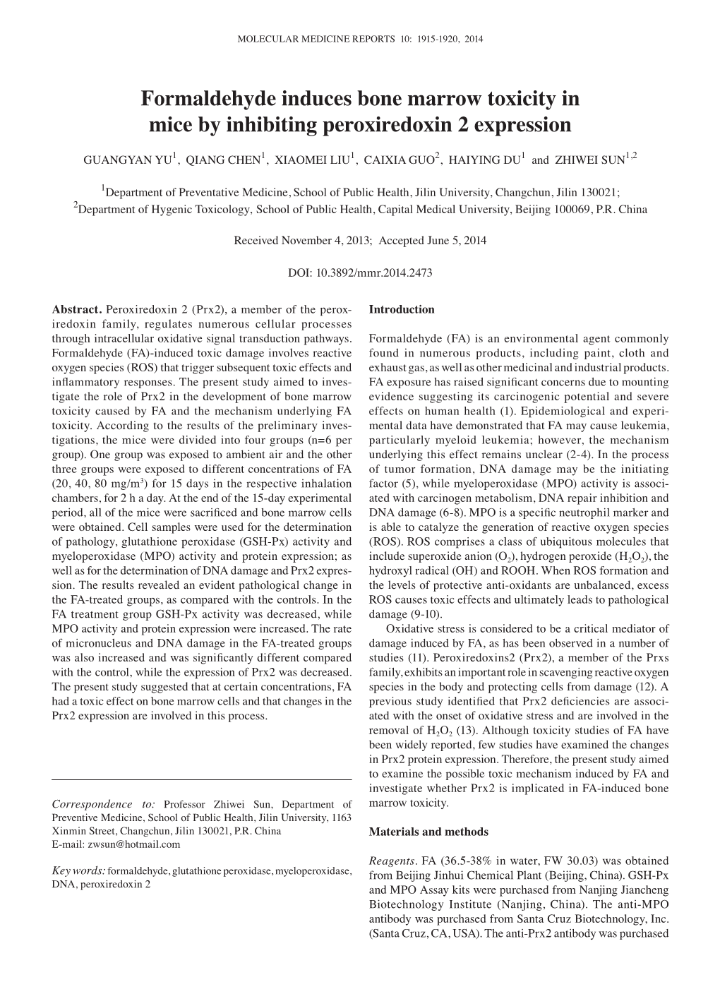 Formaldehyde Induces Bone Marrow Toxicity in Mice by Inhibiting Peroxiredoxin 2 Expression