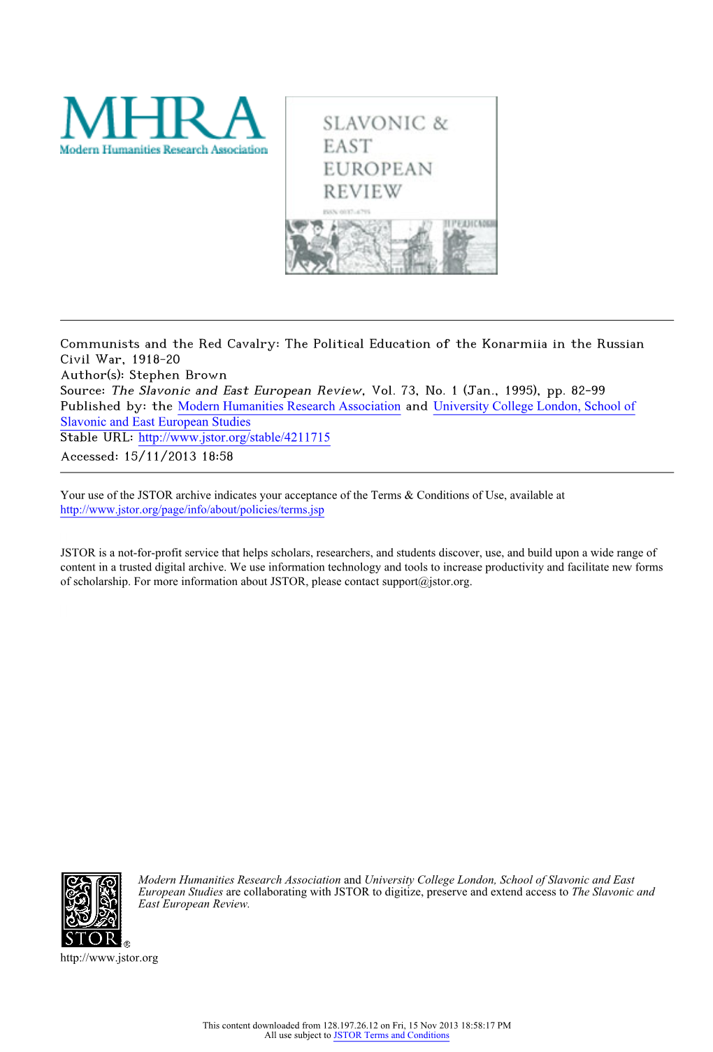 Communists and the Red Cavalry: the Political Education of the Konarmiia in the Russian Civil War, 1918-20