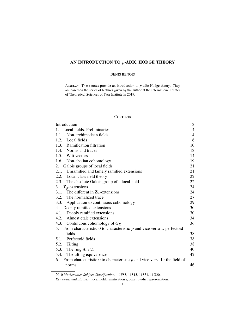 AN INTRODUCTION to P-ADIC HODGE THEORY Contents