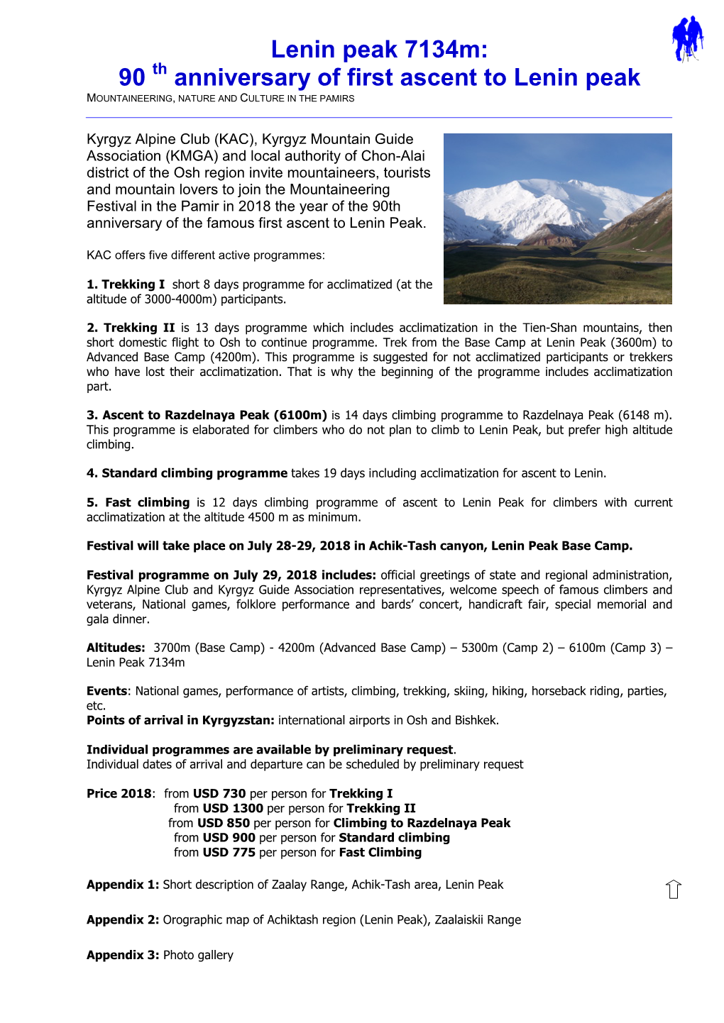 Lenin Peak 7134M: 90 Th Anniversary of First Ascent to Lenin Peak MOUNTAINEERING, NATURE and CULTURE in the PAMIRS