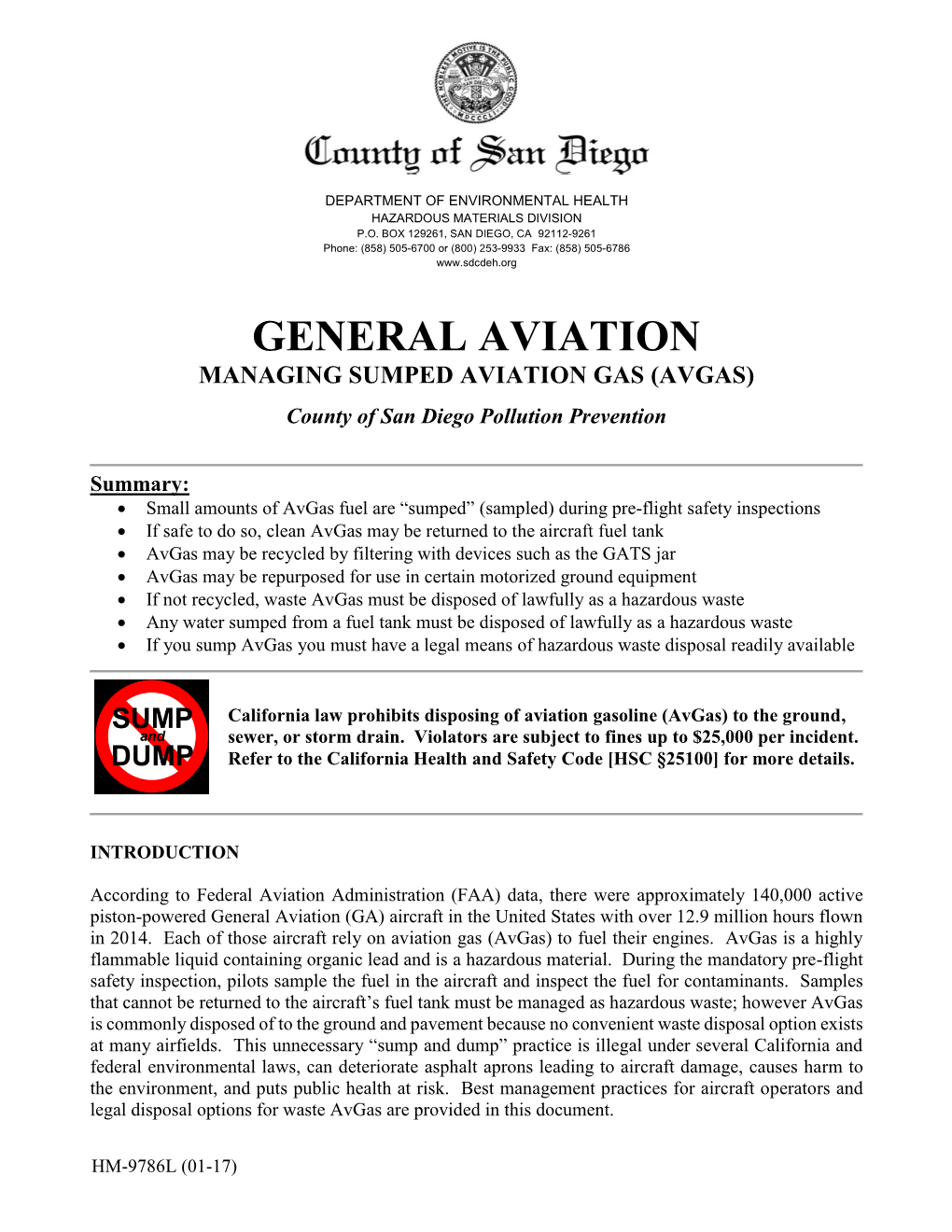 General Aviation Managing Sumped Aviation Gas (Avgas)