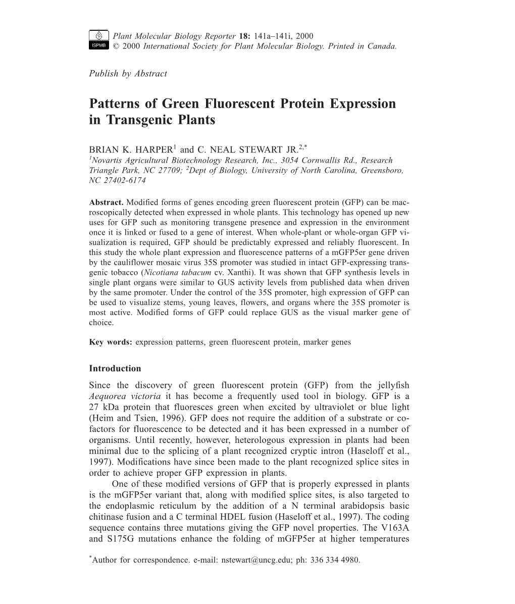 Patterns of Green Fluorescent Protein Expression in Transgenic Plants