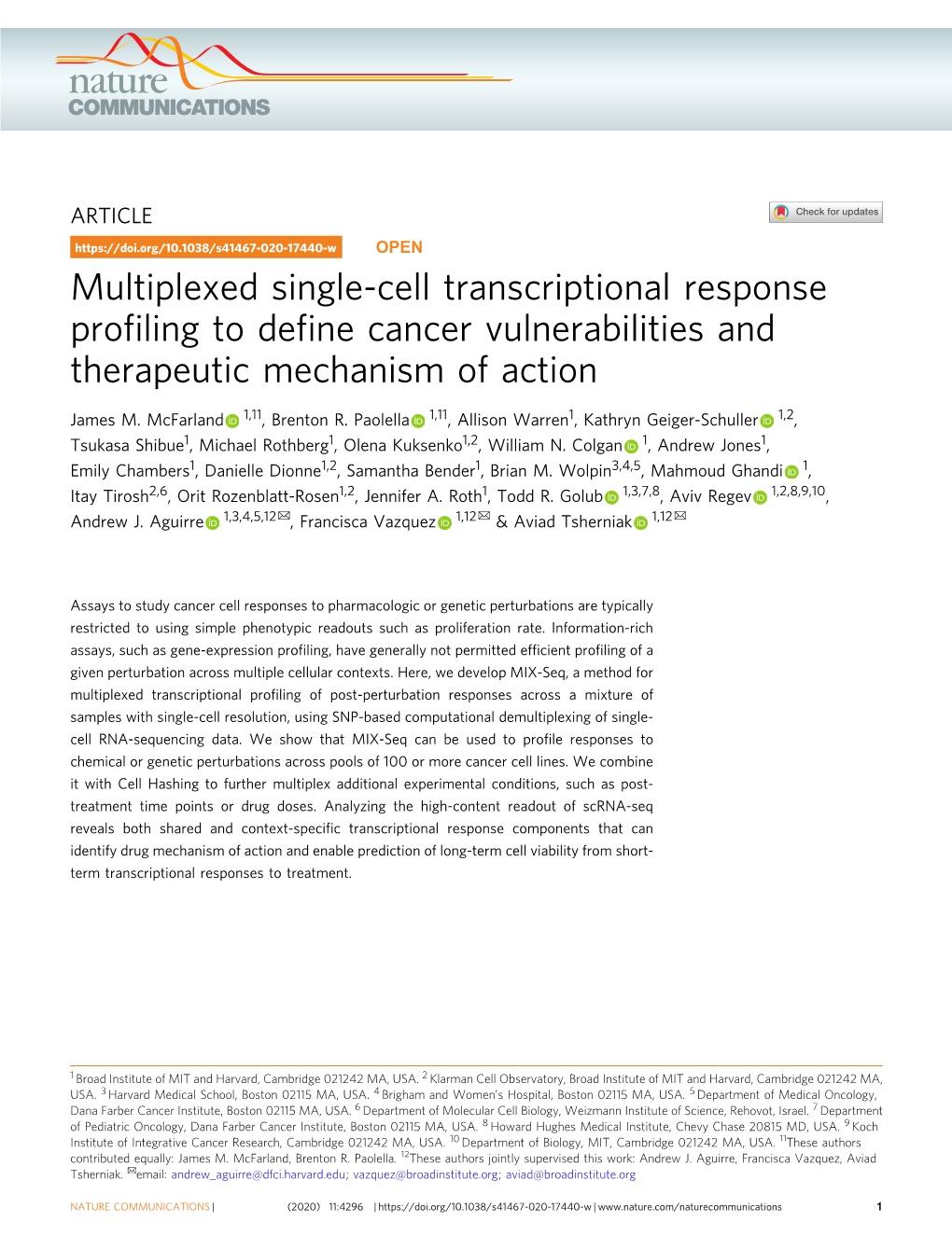 Multiplexed Single-Cell Transcriptional Response Profiling to Define Cancer