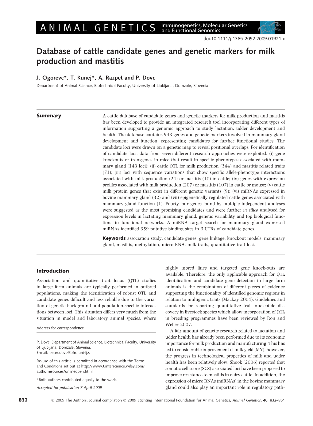 Database of Cattle Candidate Genes and Genetic Markers for Milk Production and Mastitis