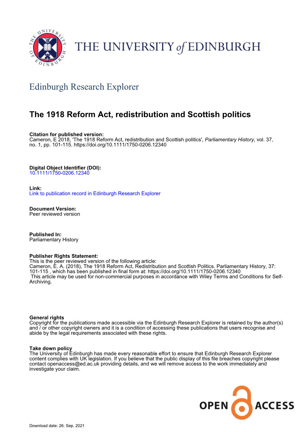 The 1918 Reform Act, Redistribution and Scottish Politics