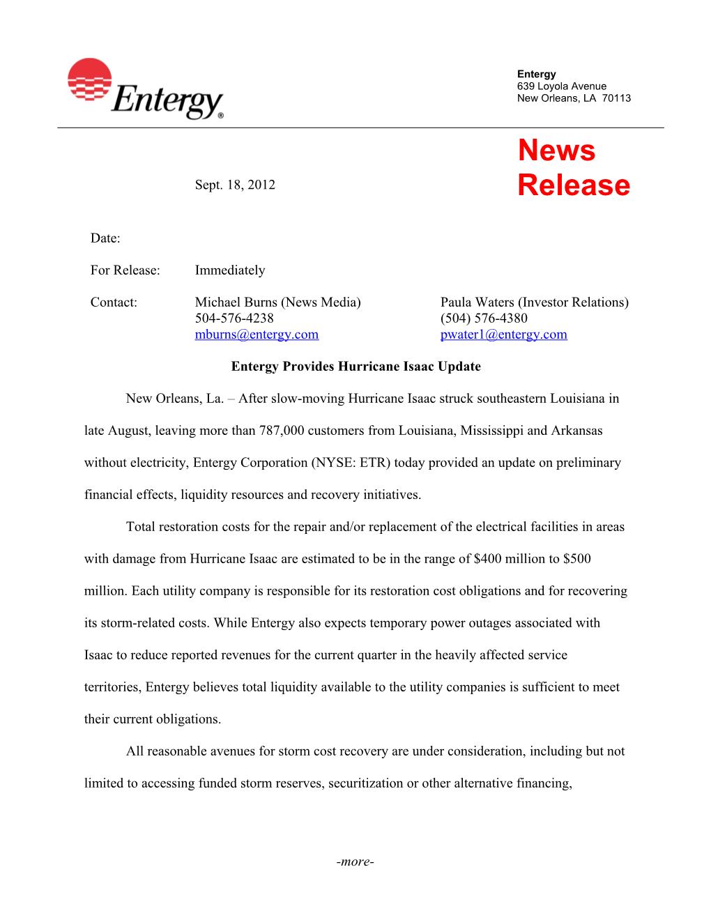 Entergy Provides Hurricane Isaac Update