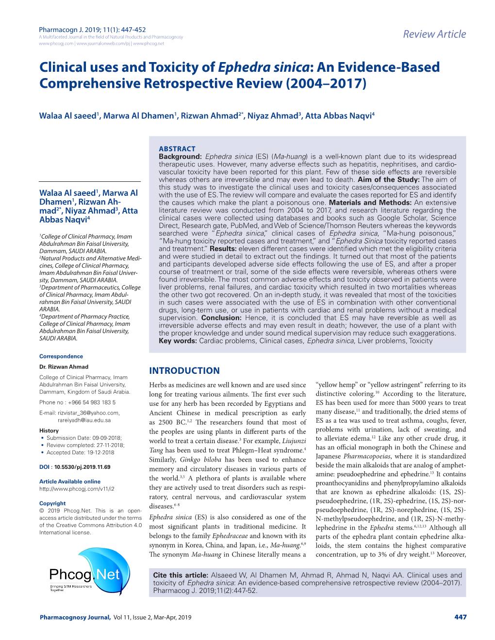 Clinical Uses and Toxicity of Ephedra Sinica: an Evidence-Based Comprehensive Retrospective Review (2004–2017)