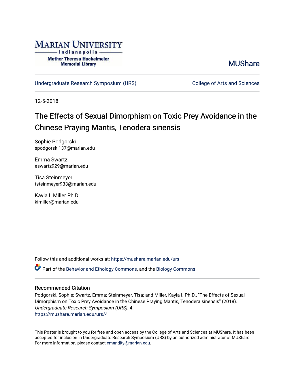 The Effects of Sexual Dimorphism on Toxic Prey Avoidance in the Chinese Praying Mantis, Tenodera Sinensis