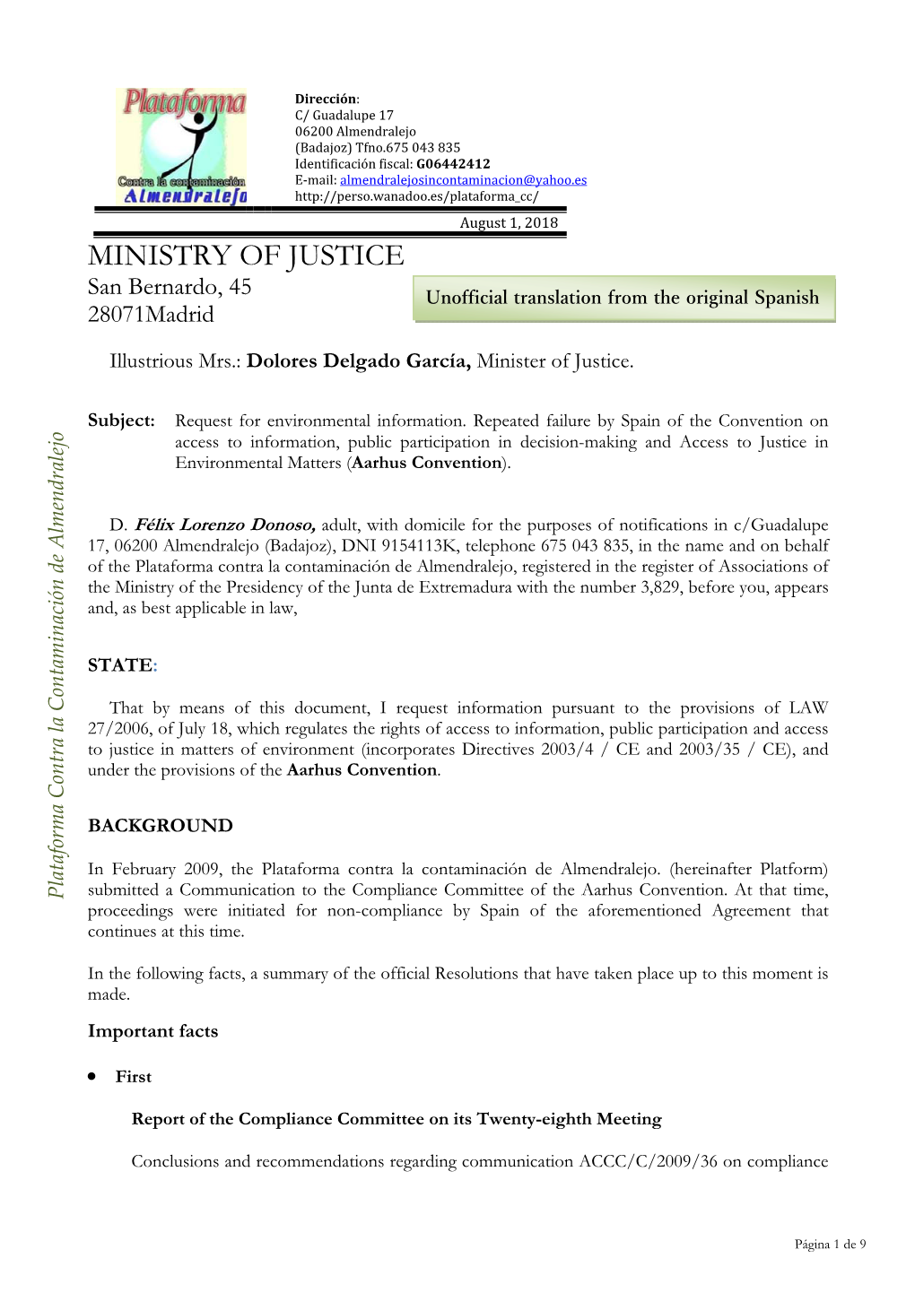 MINISTRY of JUSTICE San Bernardo, 45 Unofficial Translation from the Original Spanish 28071Madrid