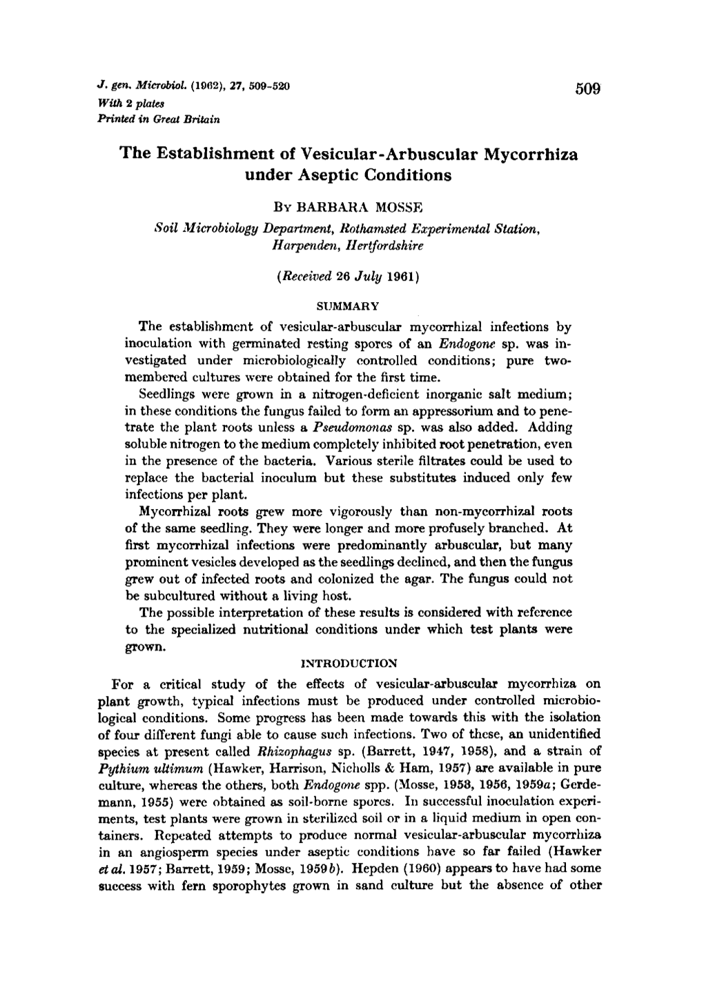 The Establishment of Vesicular - Arbuscular Mycorrhiza Under Aseptic Conditions