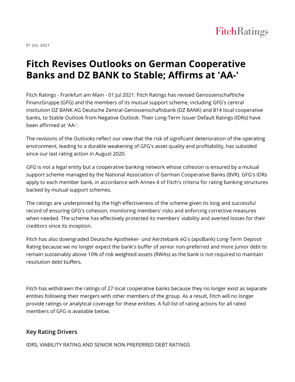 Fitch Revises Outlooks on German Cooperative Banks and DZ BANK to Stable; Affirms at 'AA-'