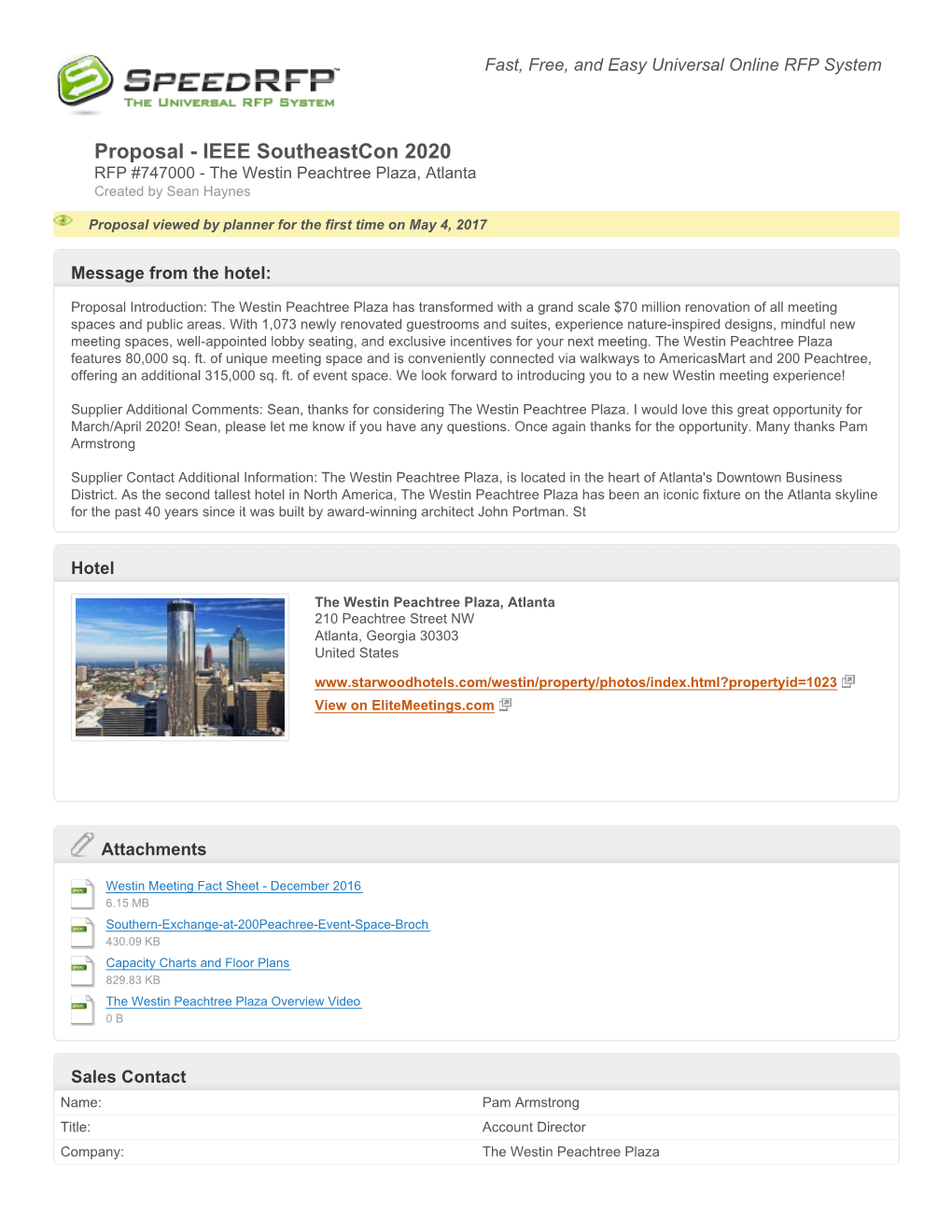 Proposal - IEEE Southeastcon 2020 RFP #747000 - the Westin Peachtree Plaza, Atlanta Created by Sean Haynes