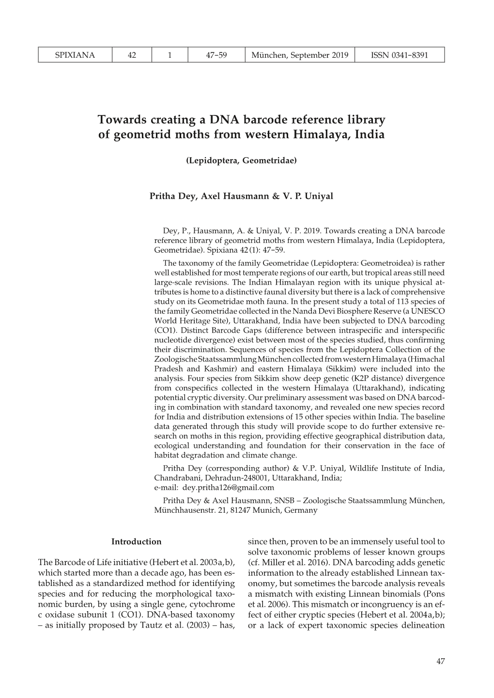 Towards Creating a DNA Barcode Reference Library of Geometrid Moths from Western Himalaya, India