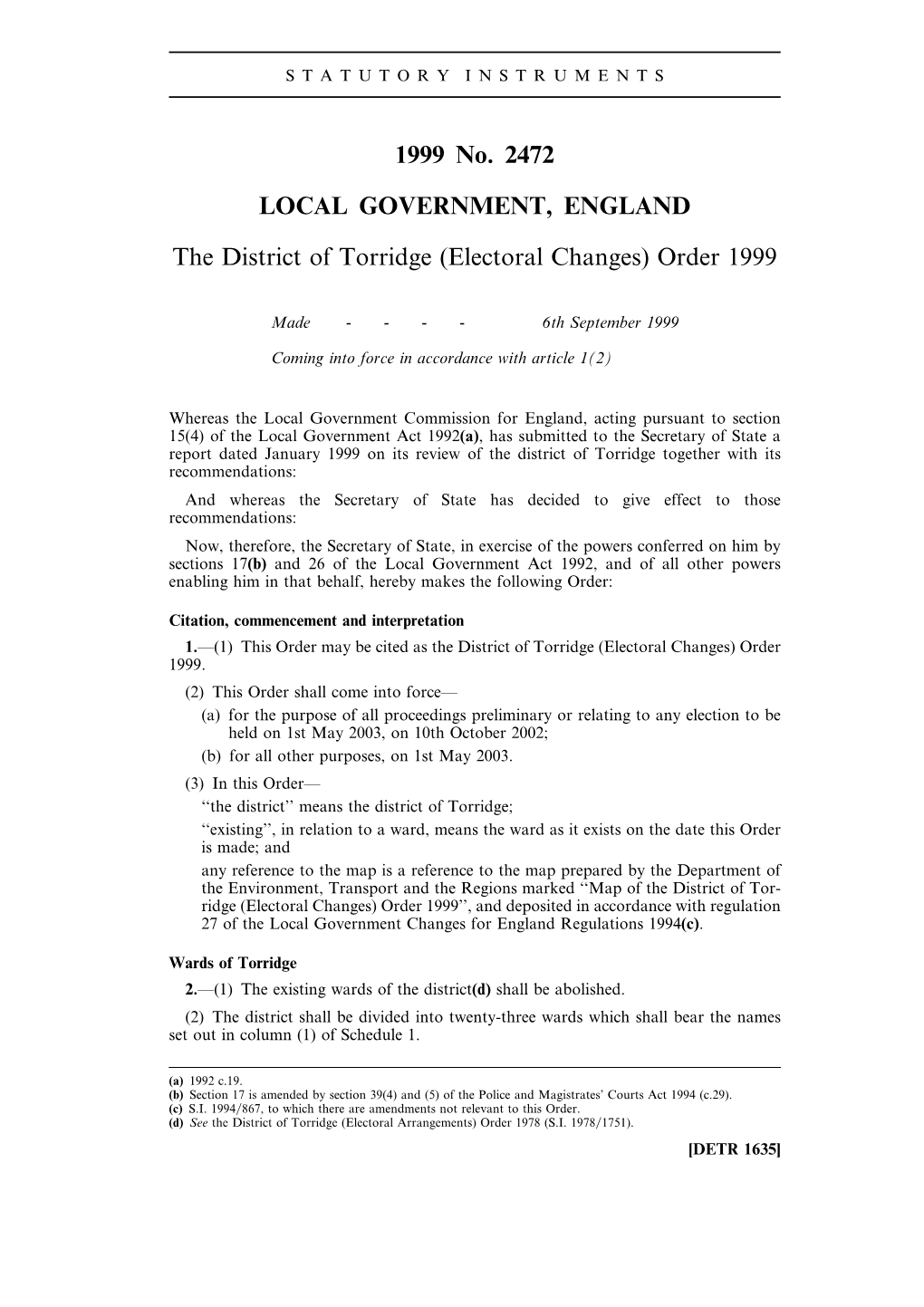 (Electoral Changes) Order 1999